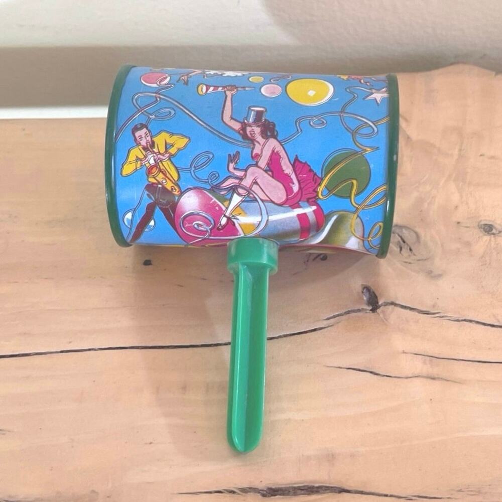 Vtg Tin Noisemaker Metal Toy Noise Maker New Years Showgirl Party Clanger Rattle